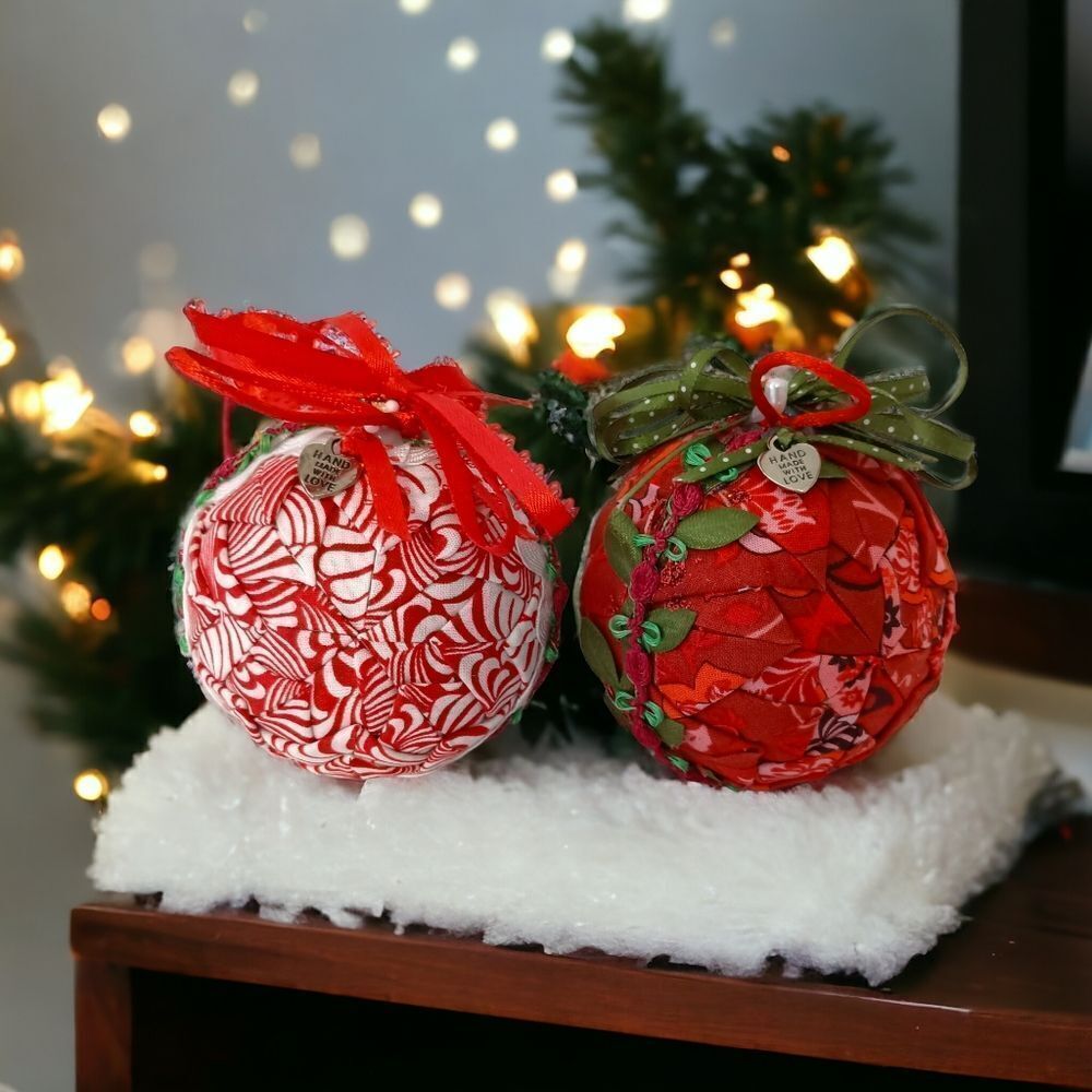 2 Folded Fabric Ornaments Balls Quilted Handmade Farmhouse Cottage Vintage 90s.